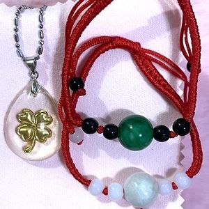 Gorgeous 24K Gold Foil Lucky Clover Charm Pendant Necklace Jade Bracelet